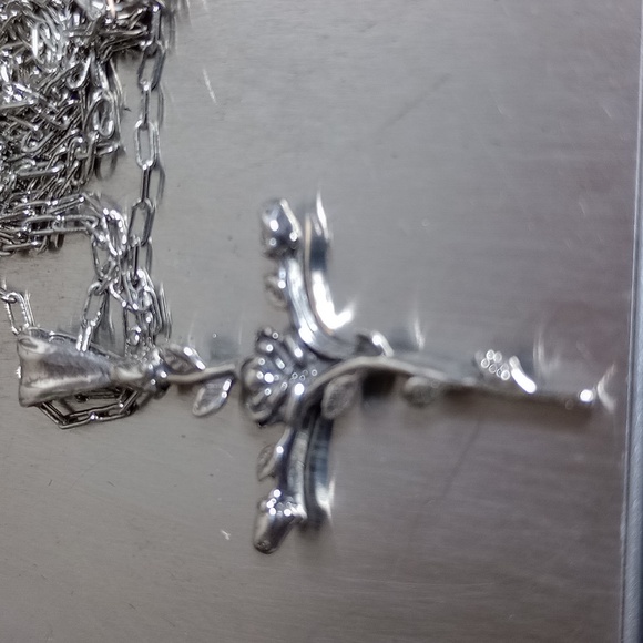 Rose Sterling Silver Cross Pendant Necklace - Picture 3 of 10